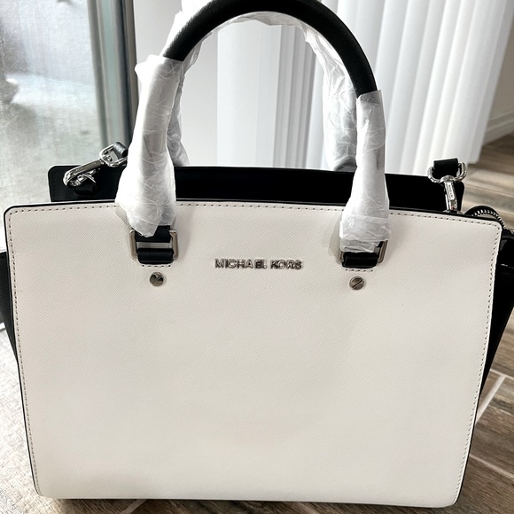 MICHAEL Michael Kors Handbags - Michael Kors Selma Optic White/Black Large Satchel-NWT